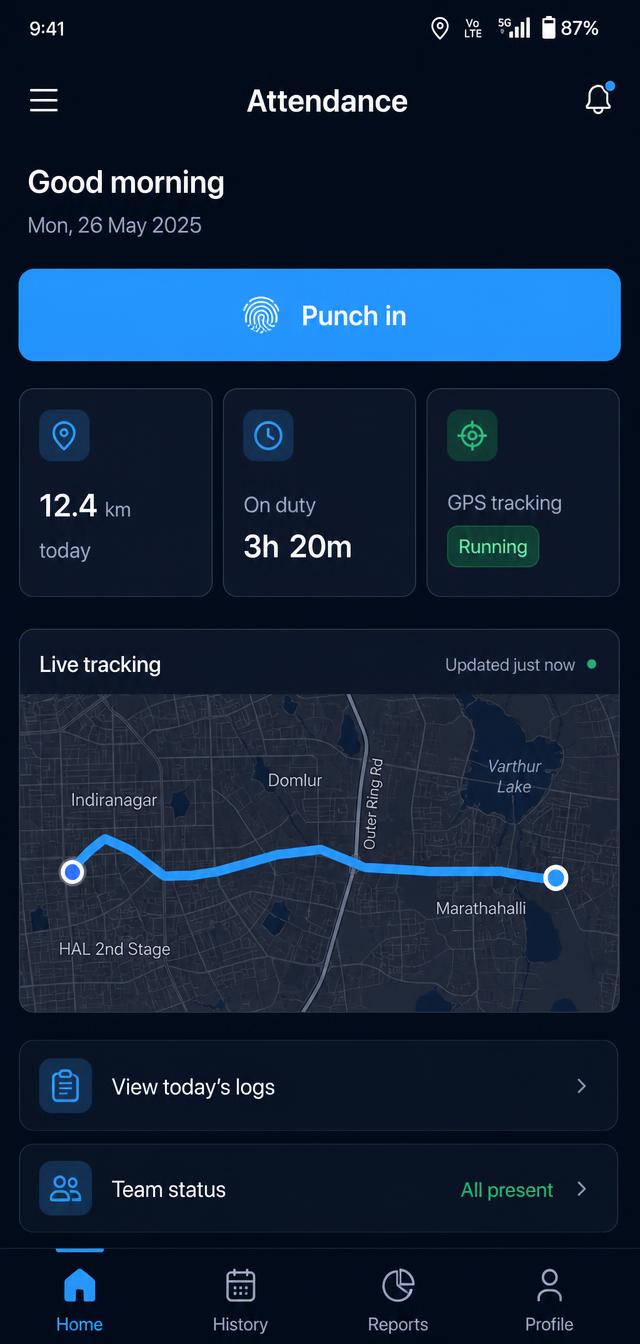 Salesman app attendance screen with punch in button, km travelled today and live GPS tracking status