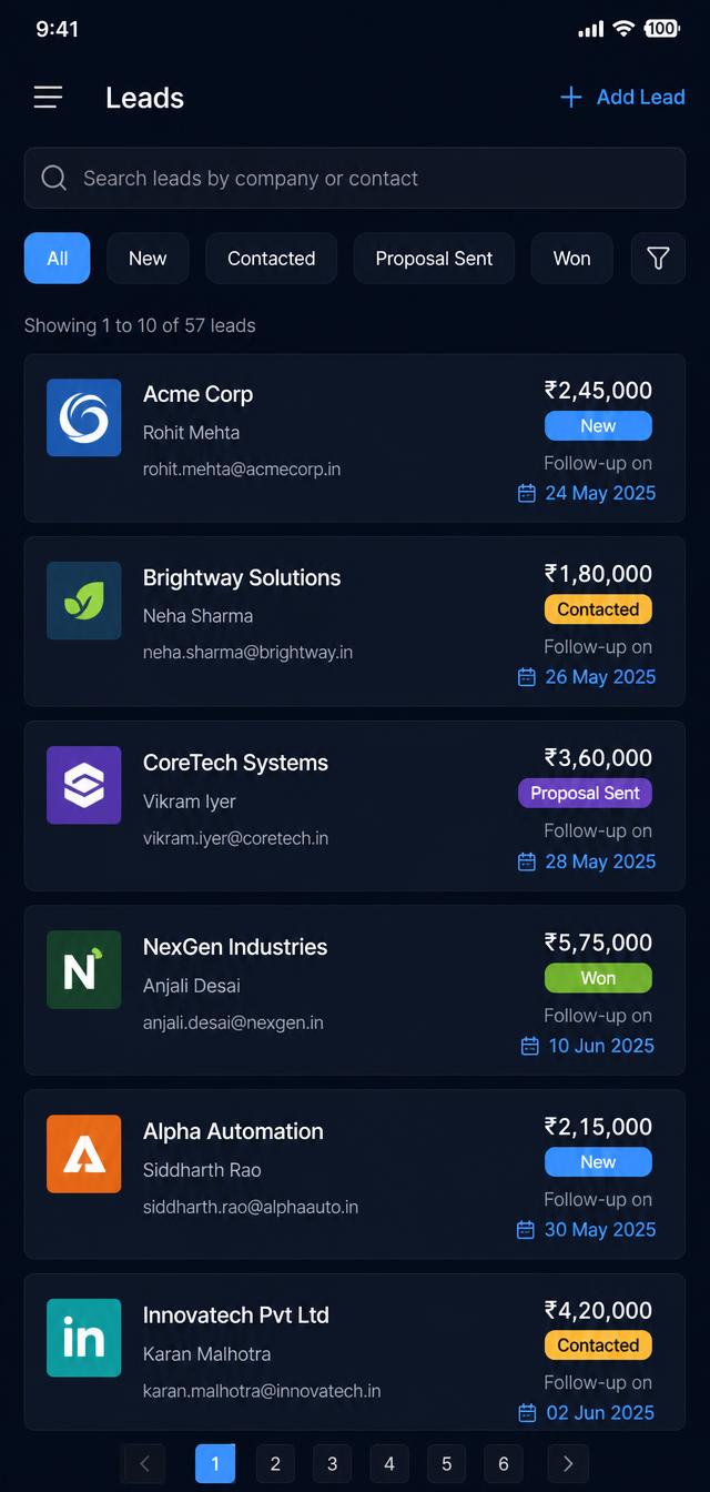Salesman app leads list with stage filters, deal values and follow-up dates