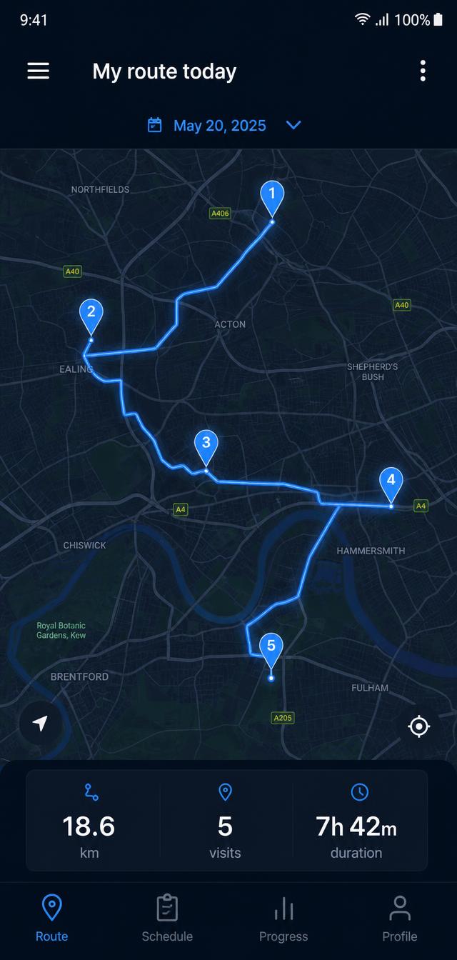 Salesman app route map showing GPS trail, visit pins, kilometres and hours worked