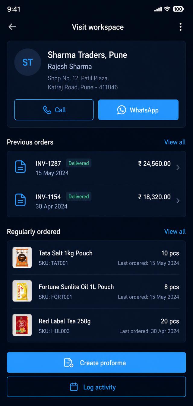 Salesman app visit workspace showing party profile, previous orders and regularly ordered products