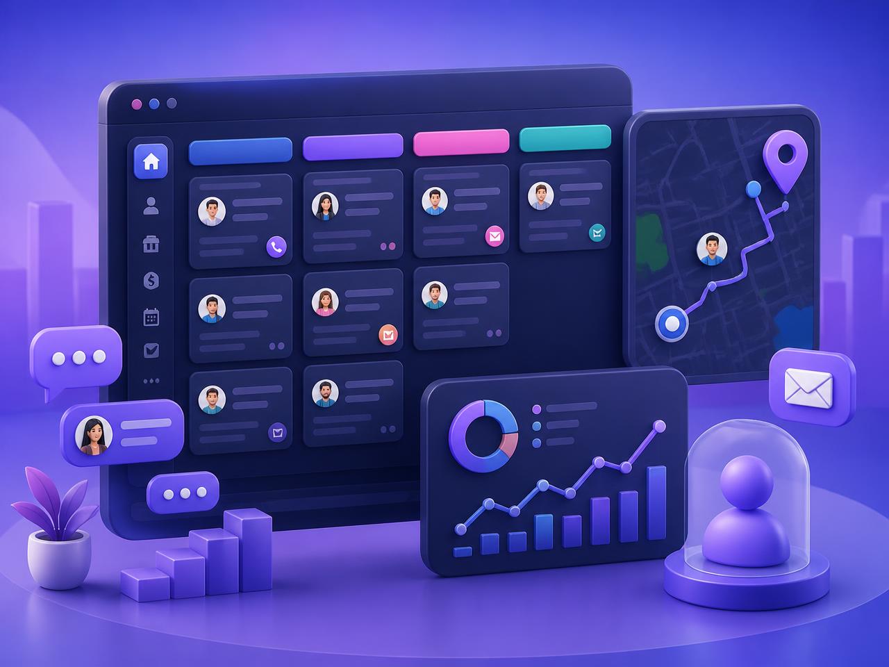 Sales CRM pipeline board with field route map and analytics